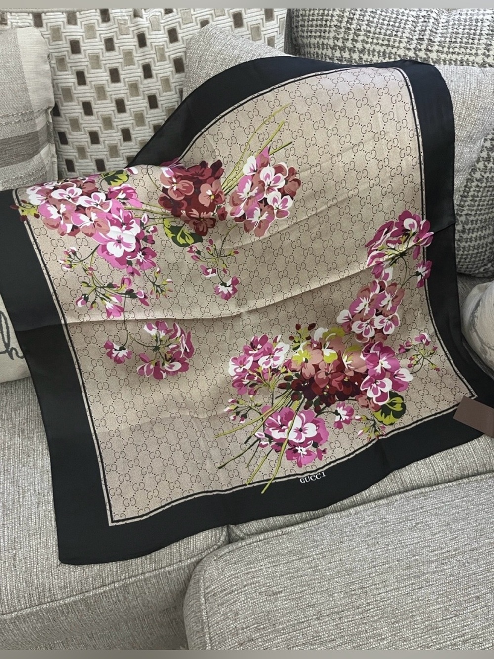 Gucci Beige GG Floral Silk Scarf with Pink & Red Blooms